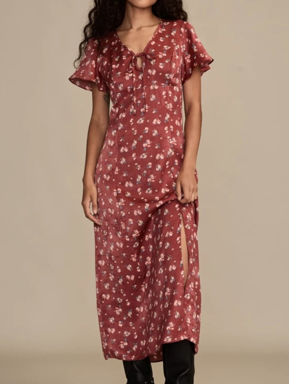 Lucky Brand Rust Red Floral Flutter Sleeve Midi Dress M Satin Boho-chic